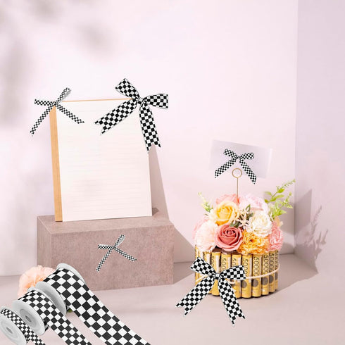 3 Rolls White Checkered Printed Ribbon Black Grosgrain Ribbon?0.4, 0.87, 1.5 Inch Wide, 15 Yard Car Theme Checkered Ribbon ? for DIY Crafts Wreath...