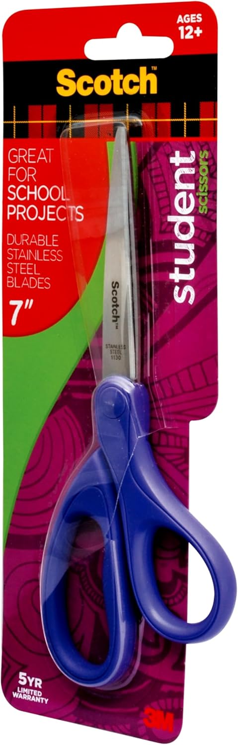 Scotch 7-Inch Student Scissors, Blue, Green, and Purple, Colors Vary, 6-Pack...