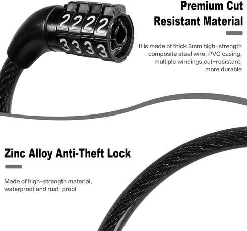 Bike Lock Cable, Bike Accessories Bicycle Lock, Bike Locks Heavy Duty Anti Theft, Combination Cable Lock for Outdoor Equipment, Black (1 Pcs, 3Ft,...