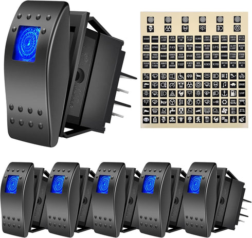 6PCS Rocker Switches 12 volt 4Pin SPST 20A/12V 10A/24V ON/Off Set with Night Glow Sticker Blue LED Light Waterproof Boat Marine Toggle Switch 2 Po...