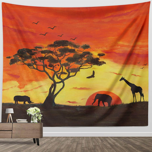 Animal Tapestry Small, Handpainted Safari African Graffe Elephant Tree Silhouette Tapestries Fabric Wall Hanging Decor for Bedroom Living Room Wal...