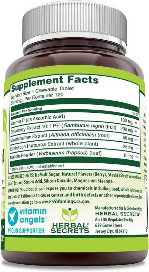 Herbal Secrets Immune Support with Vitamin C & Elderberry | Berry Flavor Chewable Tablets | 120 Count | Non-GMO | Glute-Free | Made in USA...