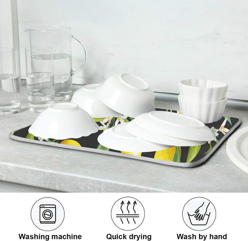 ALAZA Yellow Lemon on Black Dish Drying Mat for Kitchen Counter Absorbent Microfiber Large Drying Pad Dish mats for Kitchen Countertops 18 x 24 In...