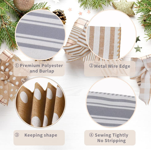 Wired Ribbons - Polyester Buffalo Plaid, Stripes, Dot, and One Burlap, Metal Wired Edge 2.5 inch Ribbons, 6 Rolls 30 Yards, Decorative Ribbons for...