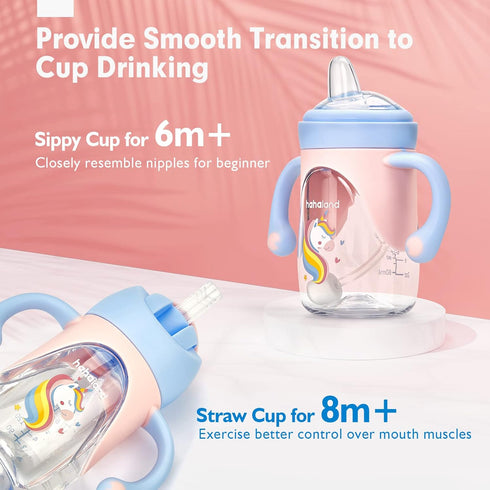 hahaland Sippy Cups for Baby 6-12 Months - 2 in 1 Spout & Straw Unicorns Sippy Cups for Toddlers 1-3 No Spill Transition Weighted Straw Cup (1 Cup...
