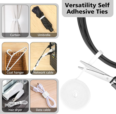 Cord Management Organizer Kit 2 Cable Sleeve Split with 41Self Adhesive Cable Clips Holder, 10pcs and 2 Roll Self Adhesive tie and 100 Fastening C...