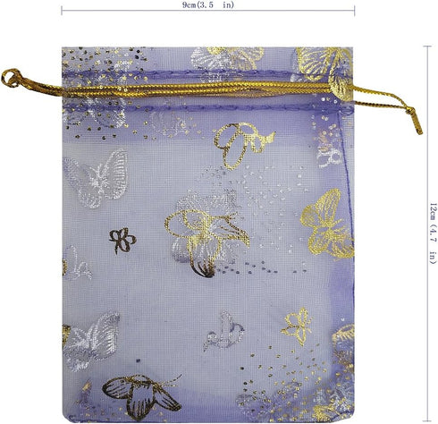 100pcs Mini Sheer Organza Wedding Favor Bags 3.5x4.5'' Luxury Jewelry Candy Gift Card Bags with Gold Line Drawstring Pouches Butterflies (Light Pu...