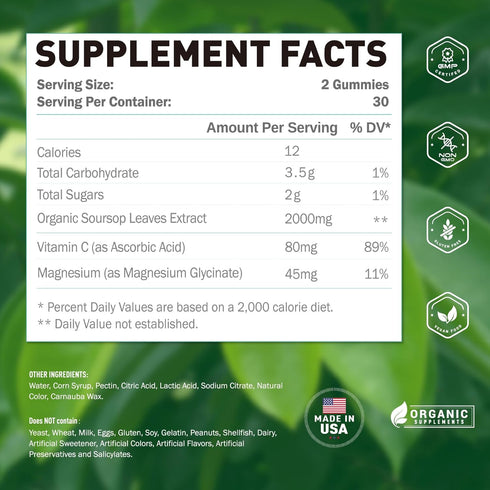 Organic Soursop Graviola Gummies, 2000mg Soursop Extract Organic, Soursop Graviola Leaves& Soursop Fruit Gummies, Antioxidant,Digestive& Immune Su...