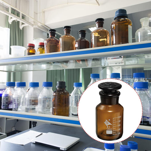 PATIKIL 125mL Reagent Media Bottle, 1Pcs Round 3.3 Borosilicate Glass Graduated Storage Bottle with Amber Cap for Chemistry Lab Universities Home,...