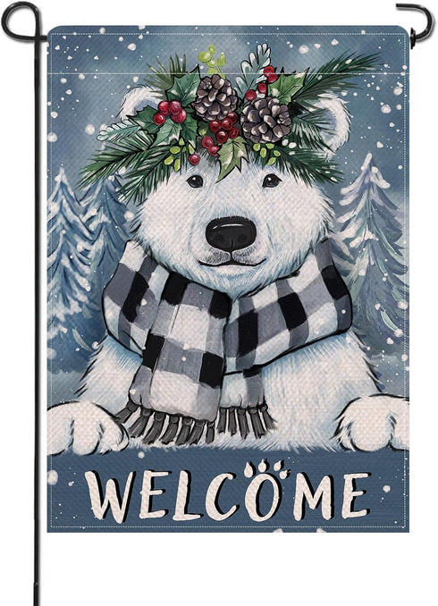 Welcome Winter Polar Bear Small Decorative Garden Flag, Buffalo Plaid Check Scarf Pine Tree Yard Lawn Outside Decor, Snowy Christmas Farmhouse Bur...