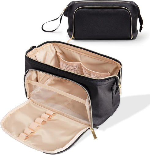 Small Makeup Organizer Bag PU Leather Makeup Bags - Portable Waterproof Travel Makeup Bag,Wide-open Cosmetics Organizer Case,Makeup Brush Travel P...