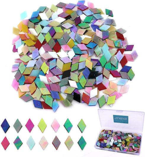 LITMIND Diamond Shaped Iridescent Glass Mosaic Tiles for Crafts Bulk, 0.79" x 0.48" Precut Mixed Colors Stained Glass Pieces, DIY Mosaic Making Su...