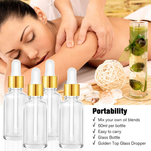 PrettyCare Eye Dropper Bottles 2 oz 4 Pack (Glass Bottles 60ml with Golden Caps, 12 Labels, Funnel & Measured Pipettes) Empty Tincture Bottles for...