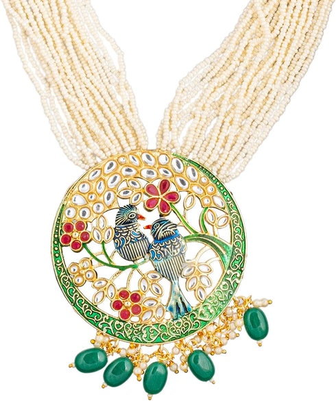 Traditional Indian Gold Plated Green Meenakari, CZ & Multilayer Pearls Adjustable Dori Long Pendant Necklace with Matching Earrings Jewellery/Jewe...