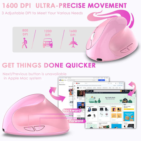 Ergonomic Mouse,Rechargeable Small Vertical Mouse with 6 Buttons Adjustable 800/1200/1600 DPI Pink Wireless Mouse for Laptop Desktop PC Mac...