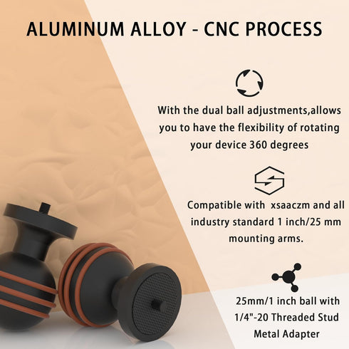 Aluminum Alloy 1''/25mm Ball Adapter with 1/4"-20 Threaded Stud Compatible with RAM Mounts B Size Double Socket Arm&Applicable to GoPro Insta360,D...