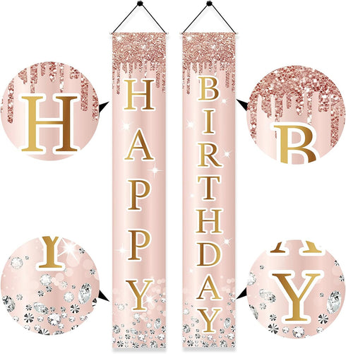 Pink Rose Gold Happy Birthday Door Banner Decorations, Birthday Party Porch Sign Supplies for Women Girls, Sweet 16th 21st 30th 40th 50th 60th Bir...