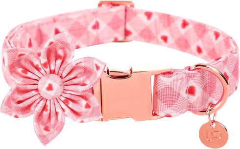 Valentine’s Day Dog Collar with Flower, Valentine Flower Collar Puppy Girl Dog or Cat, Valentine’s Day & Wedding Gift Pet Collar, Cotton Plaid Col...