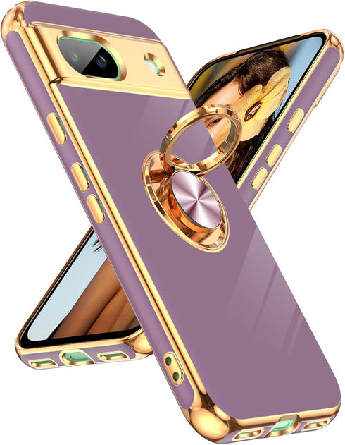 LeYi for Google Pixel 8A Phone Case: with 360° Rotatable Ring Holder Magnetic Kickstand, Plating Rose Gold Edge Protective Google Pixel 8A Case, P...