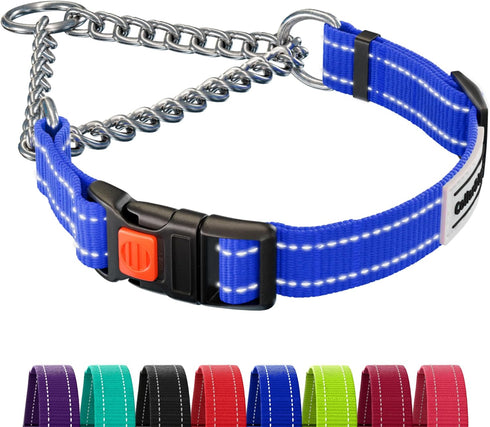 CollarDirect Martingale Dog Collar with Stainless Steel Chain and Quick Release Buckle - Reflective Collar for Large, Medium, Small Dogs - Blue, S...