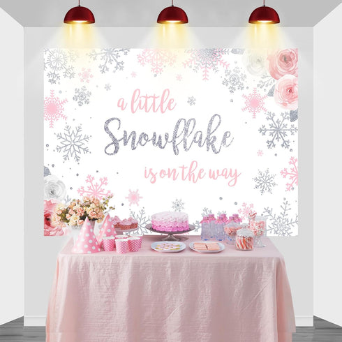 Mocsicka Snowflake Baby Shower Backdrop - Winter Wonderland Photography Background - Pink & Silver Snowflakes - 7x5ft (82x60 inch)...