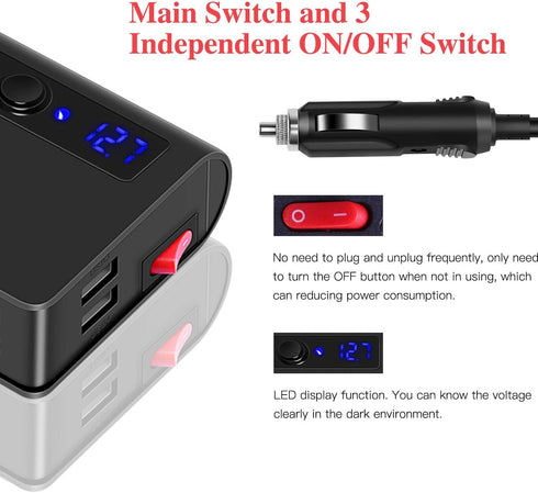 Amiss 3-Socket Car Power DC Outlet with 4USB Cigarette Lighter Adapter, 180w 12v/24v, Quick Charge 3.0 Car Charger with LED Voltage Display, Upgra...