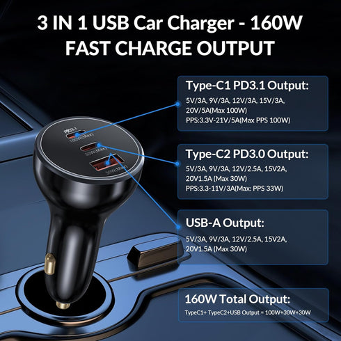 Car Charger, 160W USB C Car Charger, 3 Ports QC5.0 PD3.1 PPS Fast Charging, Car Phone Charger Adapter, Compatible with Smartphones PC Tablets...