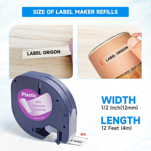 Label Orison Compatible with Dymo LetraTag Refills 16952 Clear Plastic Label Tape 1/2'' x 13' (12mmx4m), for Dymo Label Maker Refill LetraTag Plus...