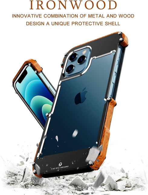 Kowauri Case for iPhone 12 Pro Max,Drop Protection Aluminum Metal Wood Bumper Frame Cover Shockproof Dropproof Protective Case for iPhone 12 Pro M...