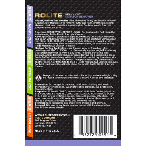 Rolite - RHCSR8z Heavy Cut Scratch Remover (8 fl. oz.) for Plastic & Acrylic Surfaces Including Marine Strataglass & Eisenglass, Headlights, Aquar...