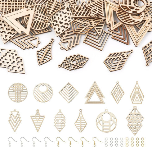 Boho Wooden Earring Making Kit 48pcs Unfinished Natural Wood Filigree Pendants in Round & Rhombus & Tree & Arrow & Kite Shape with Earring Hooks &...