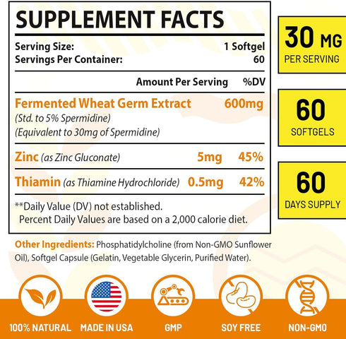 30mg Spermidine Supplement, Liposomal Spermidine, High Absorption, More Potent Than Spermidine 3HCL, Fermented Wheat Germ Extract, Spermidine for ...