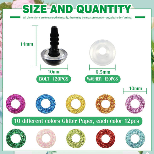 TOAOB 120pcs Glitter Plastic Safety Eyes 10mm Crafts Doll Eyes 10 Colors Half Round Craft Crochet Eyes with Washers for Stuffed Animals Amigurumis...