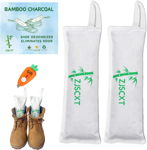 Charcoal Shoe Odor Eliminator-Deodorizer Inserts for Work Boot, Sneakers, Gym Bags Smell Absorber with Box Opener (2 Packs)...