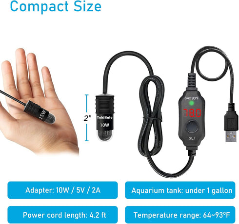 YukiHalu USB Powered Aquarium Heater, 10W Adjustable Mini Fish Tank Heater with External Temperature Controller, LED Display, Used for 0.5-1 Gallo...