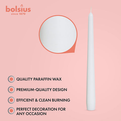 BOLSIUS White Taper Candles - 4 Pack Unscented 10 Inch Dinner Candle Set - 8 Hours Burn Time - Premium European Quality - Smokeless and Dripless H...