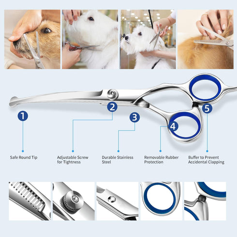 Dog and cat Scissors with Round Tip, Set of 2 Grooming Kit, Stainless Steel Pet Grooming Scissors for Full Body, Face, Nose, Ear and Paw...