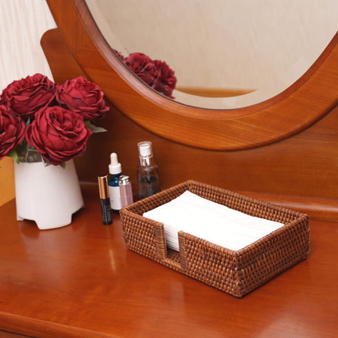 Rattan Guest Towel Holder For Bathroom Towel Caddy Rectangular Napkin Tray Wicker Toilet Tank Basket Dark Brown 9.4 x 5.9 x 2.4 inches Tissue Pape...