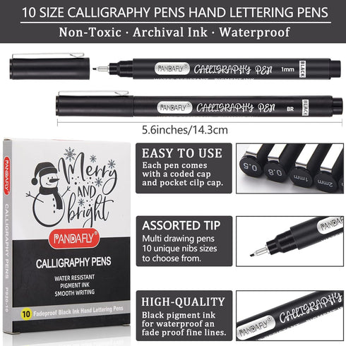 PANDAFLY Calligraphy Pens, 10 Size Calligraphy Pens for Writing, Hand Lettering, Art Drawing, Sketching, Scrapbooking, Journaling, Calligraphy Bru...