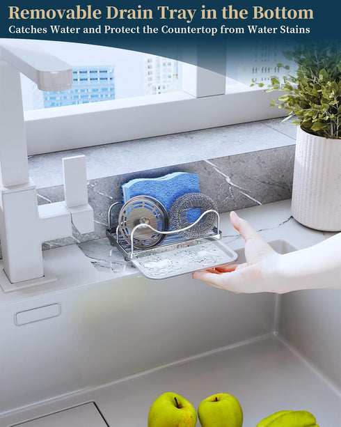 Consumest Sponge Holder for Kitchen Sink, Movable Sink Caddy for Countertop Organizer, 304 Stainless Steel Sink Sponge Holder with Detachable Drip...