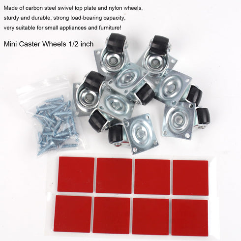 Mini Caster Wheels 0.5 Inch Low Profile Nylon Tiny Swivel Casters, Steel Top Plate Self Adhesive Caster Wheels for Small Appliances, Furniture, To...