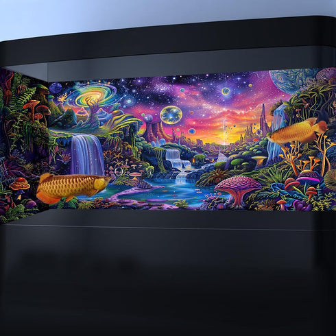 Aquarium Background with Galaxy Space Planet Design, Waterfall Landscape Tapestry Fantasy Mountain Wave Wall Tapestry Mysterious Neon Plants Fish ...