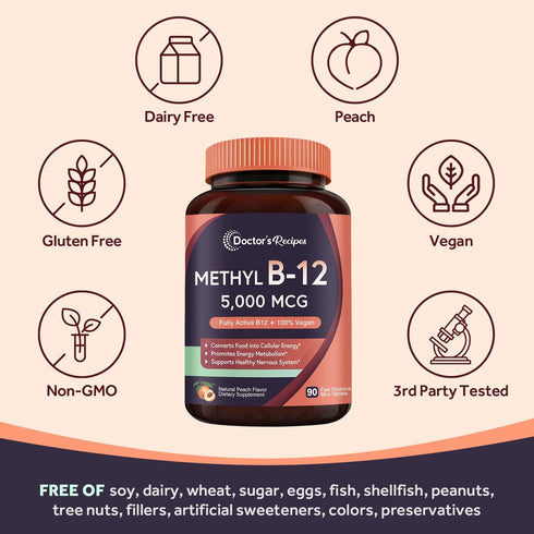 Doctor's Recipes Vitamin B12, Methylcobalamin 5000 mcg 90 Fast Dissolve Tablets, Natural Peach Flavor, Vegan Methyl, Energy Metabolism & Nervous S...