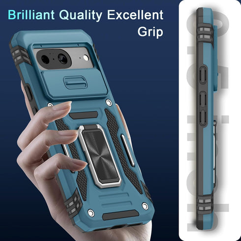 DEERLAMN for Google Pixel 8 Case with Slide Camera Cover+Screen Protector (1 Pack), Rotated Ring Kickstand Military Grade Shockproof Heavy Duty Pr...