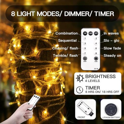 suddus Christmas Lights Outdoor,66 ft 200 LED Warm White String Lights,White Fairy Lights with Remote for Wedding, Garden, Trees, Christmas, Backy...