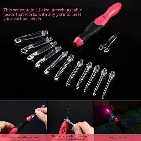 11 Sizes Lighted Crochet Hooks Set Rechargeable Crochet Hook Light Up Hooks with Case, Interchangeable Heads 2.5 mm to 8 mm for DIY Craft Supplies...