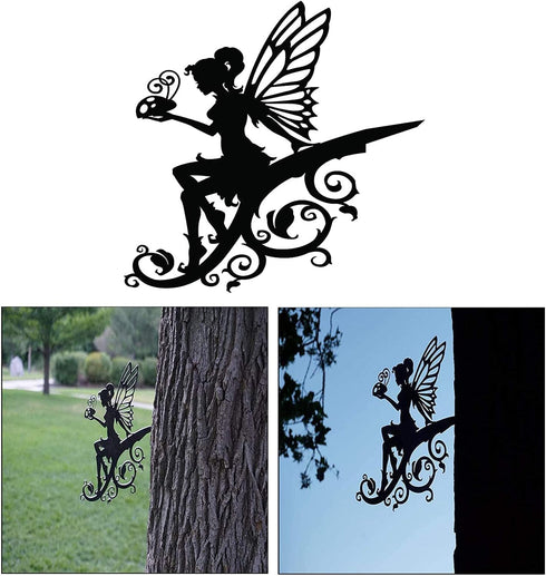 Fairy Garden Art, Yard Flower Fairy Metal Decor, Silhouette Sculpture Backyard Hanging Tree, Ornaments for Outdoor Garden Home Yard Lawn, Branch D...