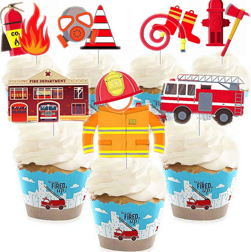 24 Pack Fireman Firefighter Cupcake Toppers Fire Truck Cupcake Toppers Fire Extinguishing Cupcake Toppers for Kids Adults Birthday Baby Shower Par...