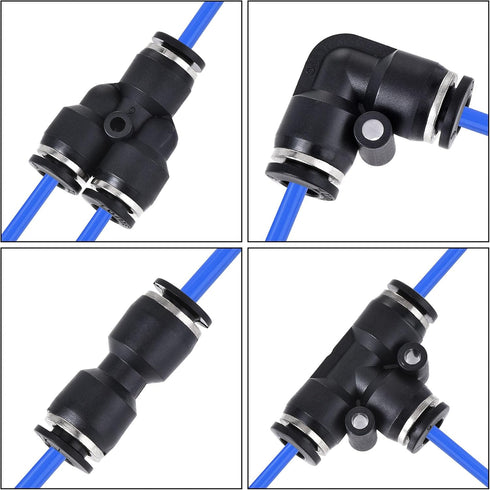 uxcell Pneumatic 6mm OD PU Air Hose Tubing Kit 5 Meters Blue with 12 Pcs Black Push to Connect Fittings...