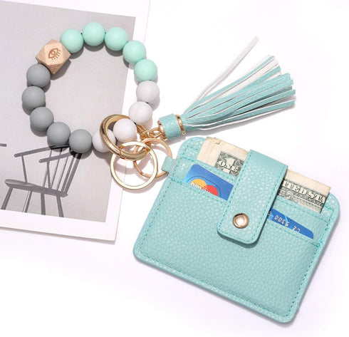 CEALXHENY Wristlet Bracelet Keychain Wallet, Silicone Bead House Car Key Ring Pocket Credit Card Holder...